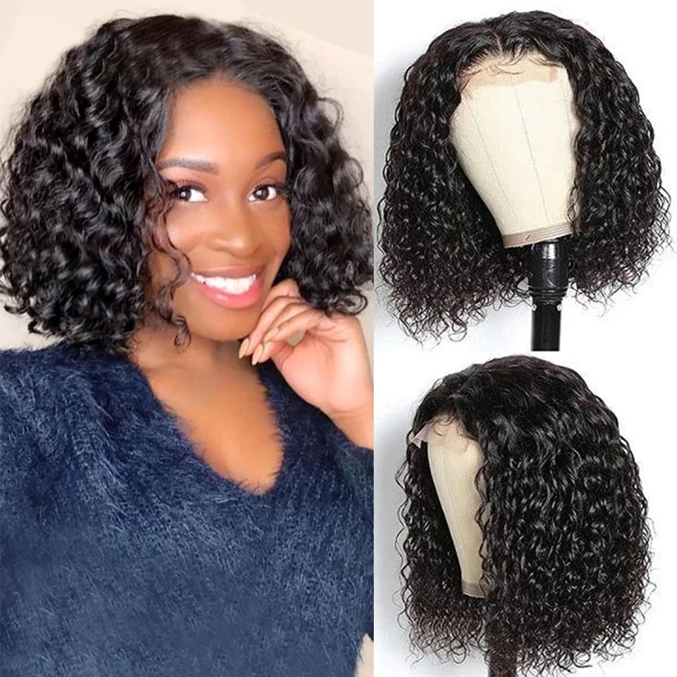 Brazilian Deep Curly Wave Closure Wig Human Hair Straight Bob Wigs for Women Transparent Water Wave 4x4 Lace Short Bob Wig