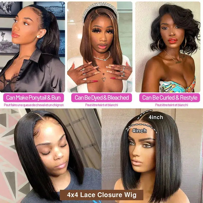 Brazilian Deep Curly Wave Closure Wig Human Hair Straight Bob Wigs for Women Transparent Water Wave 4x4 Lace Short Bob Wig