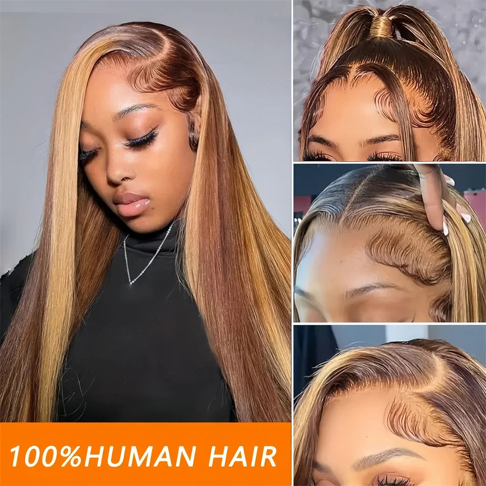 Highlight Straight 13x6 Hd Transparent Lace Frontal Wigs Human Hair 13x4 Hd Lace Front P4/27 Colored Preplucked Wig for Women