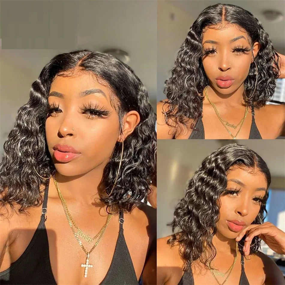 Brazilian Deep Curly Wave Closure Wig Human Hair Straight Bob Wigs for Women Transparent Water Wave 4x4 Lace Short Bob Wig