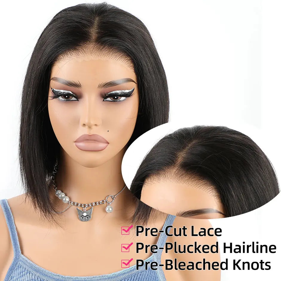 YAWAWE Preplucked Glueless Wig Straight Bob Lace Closure Wigs For Women Human Hair Pre-Cut Prebleached Lace Wear And Go Wig