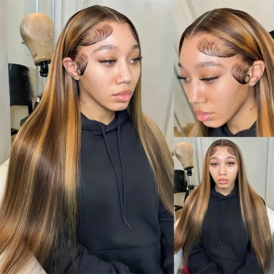 Highlight Straight 13x6 Hd Transparent Lace Frontal Wigs Human Hair 13x4 Hd Lace Front P4/27 Colored Preplucked Wig for Women