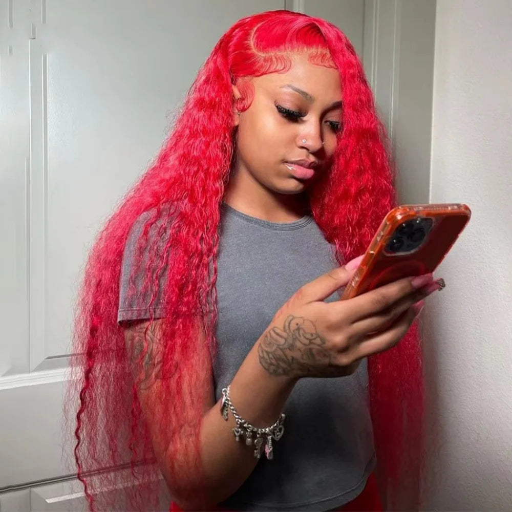Red Color Water Wave Lace Front Human Hair Curly Full Lace Front Human Hair 210% Brazilian Wigs Water Wave 13x6 Lace Frontal Wig
