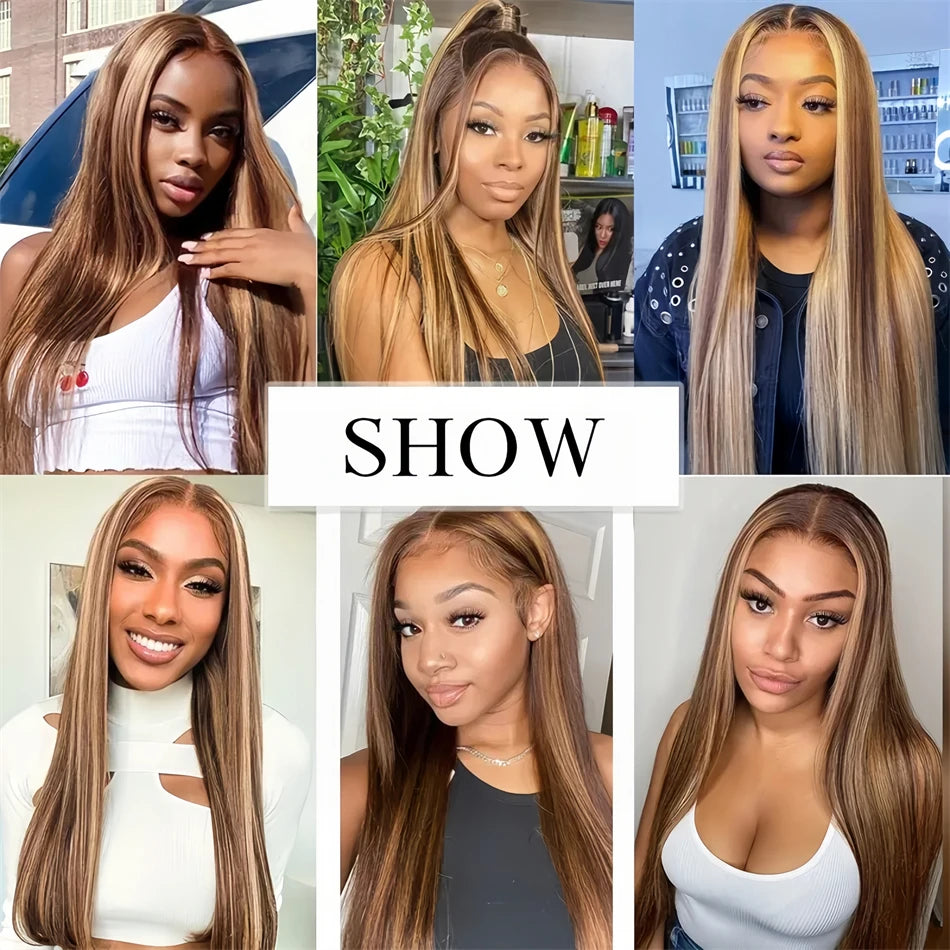 Highlight Straight 13x6 Hd Transparent Lace Frontal Wigs Human Hair 13x4 Hd Lace Front P4/27 Colored Preplucked Wig for Women