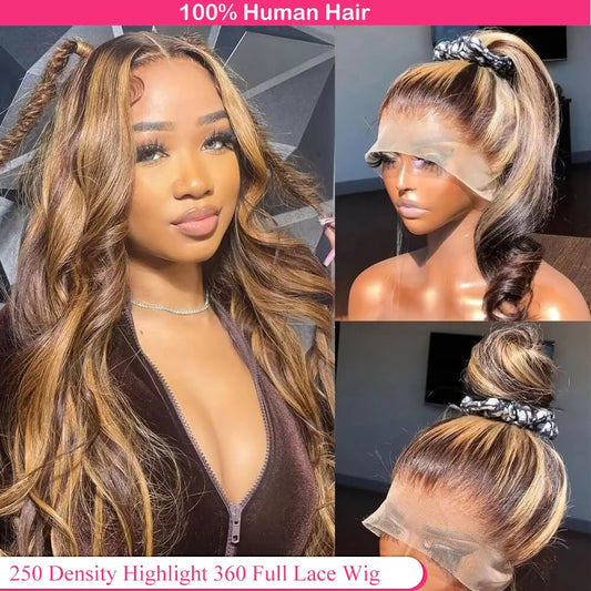 250 Density Highlight 360 Lace Front Wig Human Hair Wig